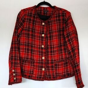 NWT Adrianna Papell Women's Crew Neck Red Black Holiday Tweed Jacket Size M
